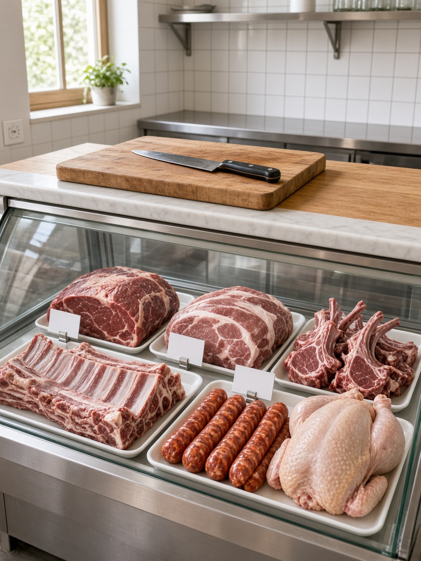 Mostrador con cortes frescos de vacuno, cerdo, cordero, pollo y chorizos