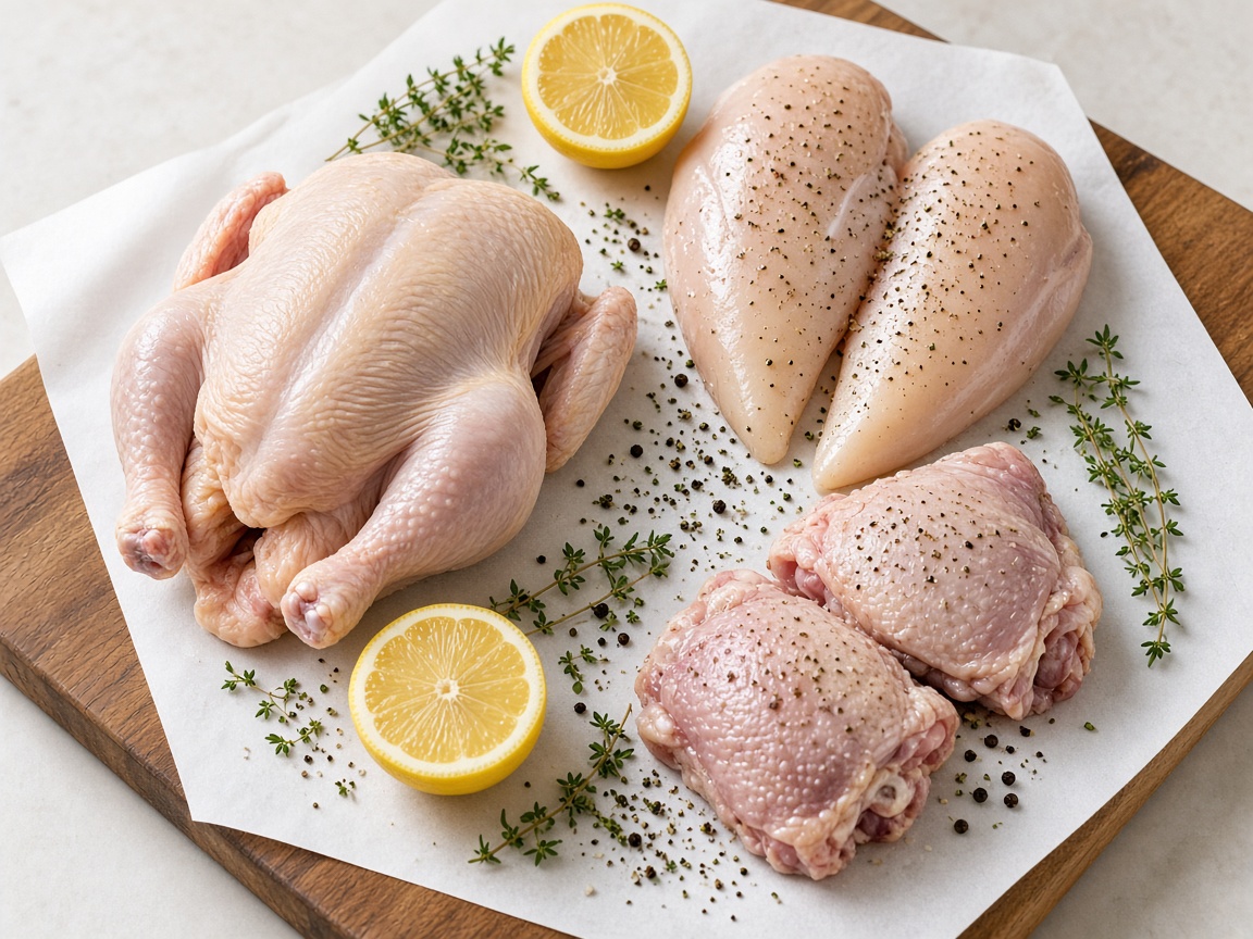 Pollo entero, pechugas y muslos